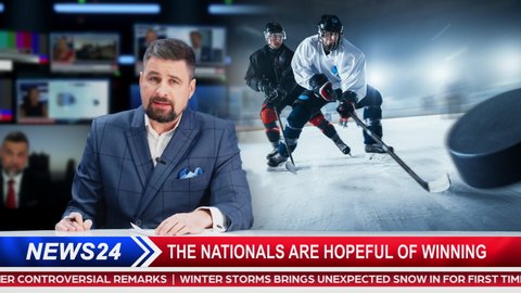 Split Screen TV News Live Report: Anchor Talks. Reportage Montage: Photo of Poster Appearing with Ice-Hockey Game Championship Match, Players Play. Television Program Channel Playback. Luma Matte