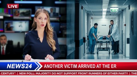 TV News Playback Montage: Anchorwoman Talks about Segment with Photo of Emergency Department: Doctors, Nurses and Paramedics Run withGurney Stretcher and Injured Patient into Operating Room