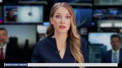 TV Live News Program with Professional Female Presenter Reporting. Television Cable Channel Anchorwoman Talks. Mockup Network Broadcasting Playback in Newsroom Studio. Close-up Shot