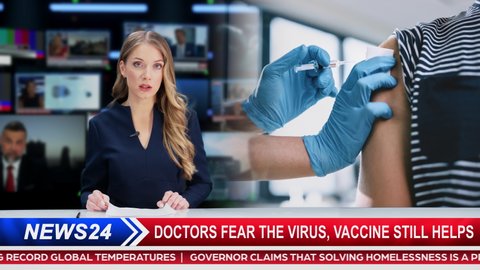 Split Screen TV News Playback: Anchorwoman Talks. Medical Nurse Does Vaccine Injection to a Male Patient in a Health Clinic. Doctor Uses Hypodermic Needle and a Syringe to Administer Medicine