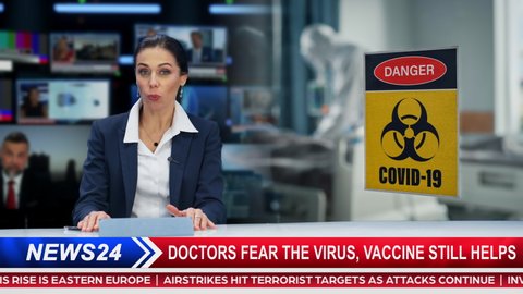 Split Screen TV News Live Report Anchorwoman Talks. Virus Crisis: Hospital Emergency, Doctors and Patients, Vaccination, Health Care, Medicine. Television Program Channel Playback.