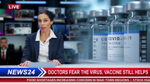 Split Screen TV News Live Report Anchor Talks. Covid-19 Crisis: Hospital Emergency, Doctors and Patients, Vaccination, Vaccine Production, Health Care. Television Program Channel Playback. Luma Matte