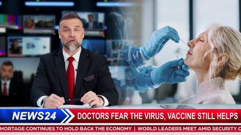 Split Screen TV News Playback: Anchorman Talks. Medical Care Segment: Nurse in Protective Face Shield and Overalls is Taking a PCR Corona Virus Sample in a Health Clinic. Doctor Does Swab Test