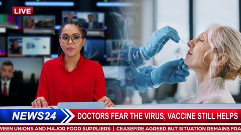 Split Screen TV News Playback: Anchorwoman Talks. Medical Care Segment: Nurse in Protective Face Shield and Overalls is Taking a PCR Corona Virus Sample in a Health Clinic. Doctor Does Swab Test