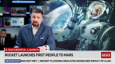 Split Screen TV News Live Report: Anchor Talks. Reportage Montage: Space Travel, Successful Rocket Launch with Astronaut, Control Room Celebrating. Television Program Channel Playback. Luma Matte