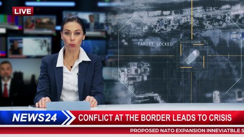 Split Screen Montage TV News Live Report: Anchorwoman Talks about Story Segment with Photo Showing Top Down Satellite Surveillance of War Crimes Committed. Television Program Cable Channel Playback