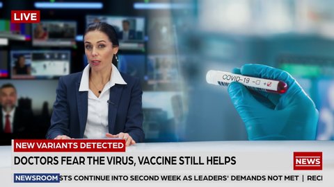 Split Screen TV News Playback: Anchorwoman Talks. Covid Test Analysis: Drugs and Vaccine Developing Medical Research Scientist Holds Blood Test Tube Marks it as Positive Marker.