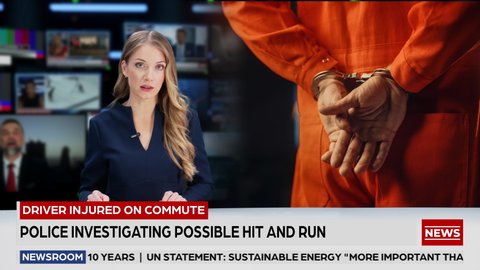 Split Screen TV News Live Report: Anchorwoman Talks. Reportage Montage with Photo of Handcuffed Criminal Convict at a Law and Justice Court Trial. Prison Sentence to Serve Jail Time. Alpha Channel
