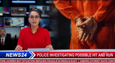 Split Screen TV News Live Report: Anchorwoman Talks. Reportage Montage with Photo of Handcuffed Criminal Convict at a Law and Justice Court Trial. Prison Sentence to Serve Jail Time.