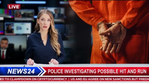 Split Screen TV News Live Report: Anchorwoman Talks. Reportage Montage with Photo of Handcuffed Criminal Convict at a Law and Justice Court Trial. Prison Sentence to Serve Jail Time. 