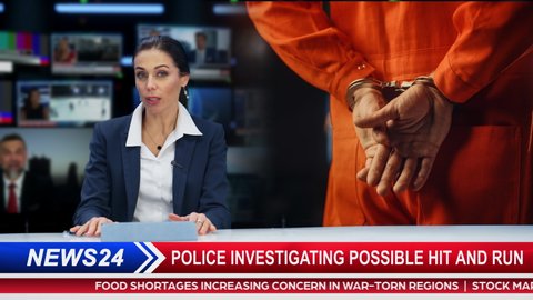 Split Screen TV News Live Report: Anchorwoman Talks. Reportage Montage with Photo of Handcuffed Criminal Convict at a Law and Justice Court Trial. Prison Sentence to Serve Jail Time. 