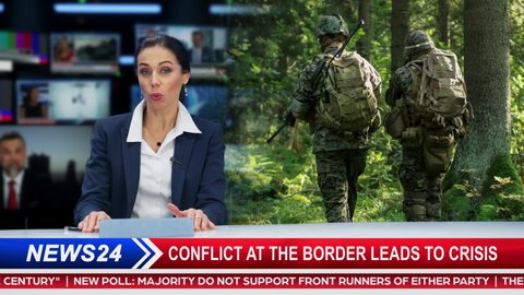Split Screen TV News Live Report: Anchorwoman Talks. Reportage Montage with Appearing Photo of Squad of Fully Equipped, Armed Soldiers Being Attacked and Bombed During Combat. Brave Soldiers Fighting