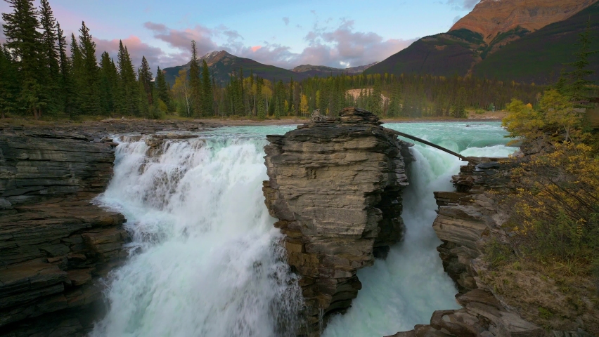 Athabasca Falls on the upper Athabasca River in Jasper National Park, Canada. 4K UHD video.