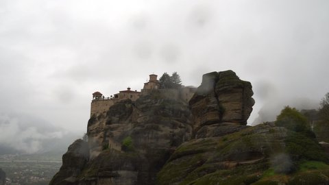 Rainy and Foggy Day in Kalambaka, Meteora Monastery, Greece, Real Time
