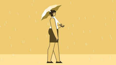 Yellow Style Woman Flat Character Walking Cycle with Umbrella in the Rain. Isolated Loop Animation with Alpha Matters