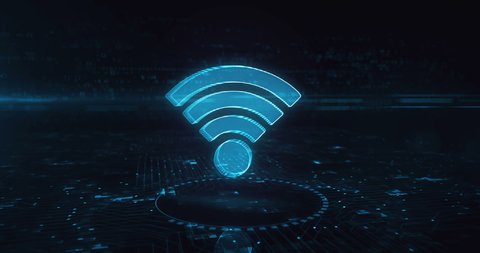 Wifi mobile communication and wireless network technology hologram symbol appears on a digital background. Cyber and computer abstract concept 3d animation.
