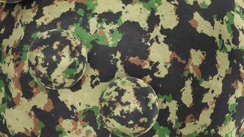 Realistic satisfying looping 3D animation of the camouflage pattern fabric sphere with orbital rolling small camo spheres as satellites rendered in UHD as motion background