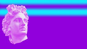 Vaporwave style pink antique human bust on blue background. Figurine ancient statue man. Stop motion animation. Apollo god sculpture. Video 4K. Statue face. GIF looped. Funky contemporary art concept.