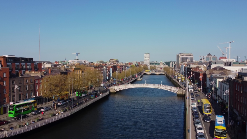 Aerial view over the city of Dublin and River Liffey - drone footage