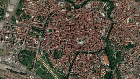 Earth zoom in from space and focus on Vicenza, Italy. The animation continues by zoom out through clouds and atmosphere into space. Background for travel intro.