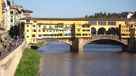 Europe, Italy , Florence 2022 -  Historic Ponte Vecchio bridge over the Arno River in Florence Italy near Cattedrale di Santa Maria del Fiore 