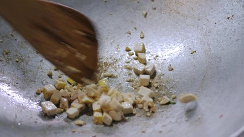 frued fresh shrimp with chopped garlic in pan preparing for cooking pad-thai street food