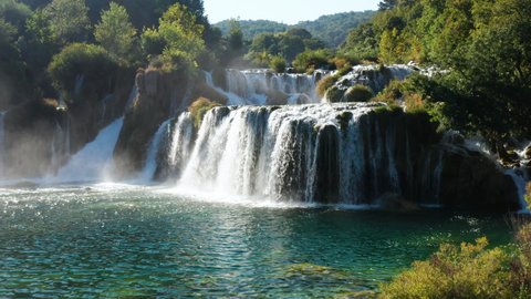 Beautiful Krka Waterfalls In Krka National Park, Croatia - aerial drone shot Video Stok