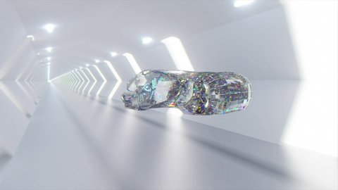 The concept of future technologies. The diamond car flies through a white light tunnel. 3d animation