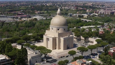Rome, Italy - 04 19 2022: Aerial view of the basilica of Santi Pietro e Paolo a Via Ostiense. The church is located in Eur district, in the south of the city.