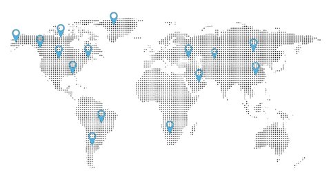 World map revealed by location icons 4K animation. Business branch increasing and location revealing 4K footage. World map showing the business location and GPS icons 4K animation.
