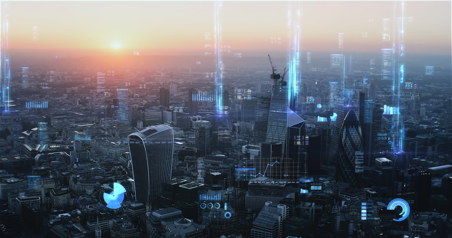 
Smart City and Communication Network Concept, 5G, Financial Charts, Internet of Things, Augmented Reality, Big Data. Holographic Animation over London Skyline. United Kingdom. Royalty-Free Stock Footage #1089745077
