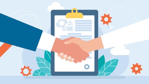 Concluding an agreement. Handshake as a sign of support, cooperation, consent. Diplomacy as a solution to the conflict. Signing the contract. Man and women shake hands. 2D flat business animation	