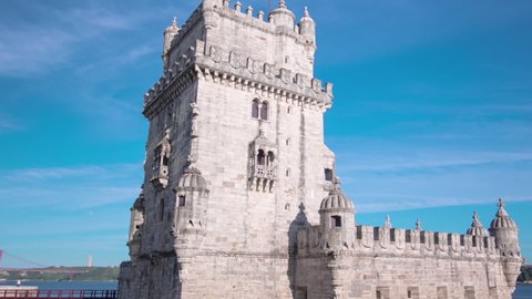 Belem Tower is a fortified tower located in the civil parish of Santa Maria de Belem in Lisbon, Portugal timelapse hyperlapse with clouds