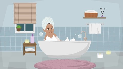 Lady taking bath in bathing tub cartoon animation concept