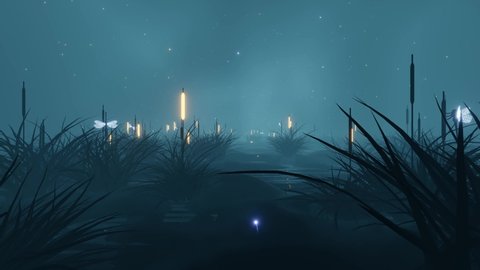 Walking through an abstract foggy swamp. Seamless looping 3D animation.