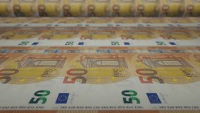 50 euro bills on money printing machine. Video of printing cash. Banknotes.