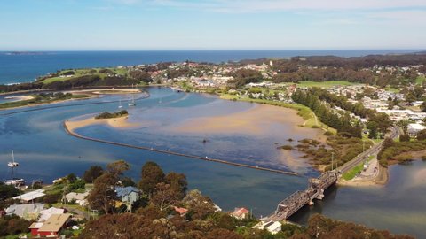 Narooma town waterfront on Wagonga inlet of Australian South coast as 4k.
