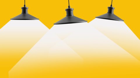 Roof Lamps Animation on Yellow background. Animated 3 Bulb Lighting From the Top White Light . 4K Video with Space	