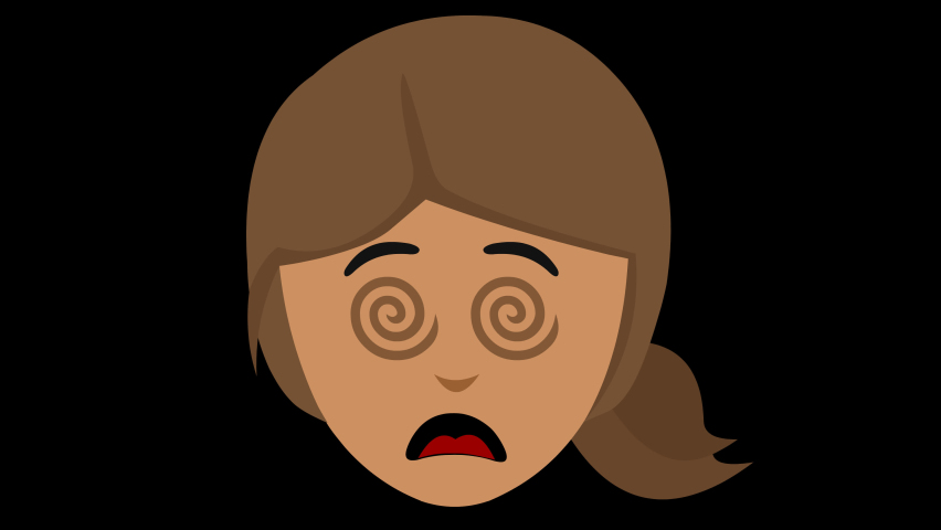 Loop animation of the face of a hypnotized cartoon brunette woman with spiral eyes spinning