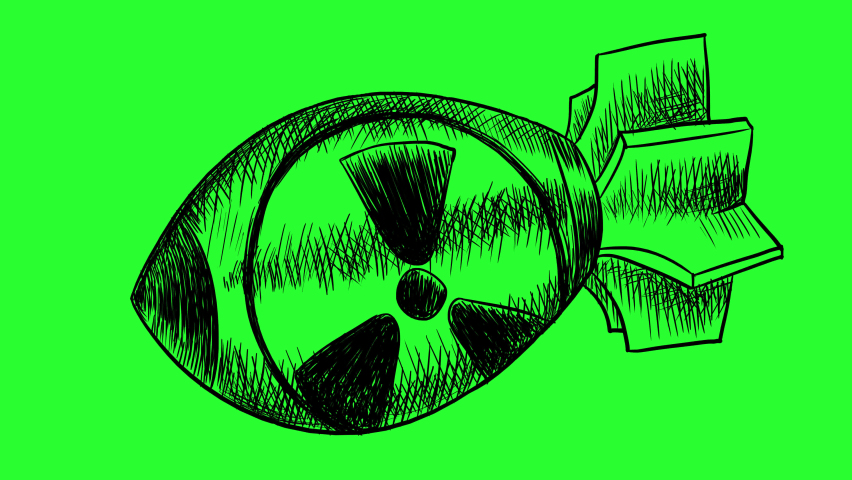 Animation with a nuclear warhead on a green background. Sketch with a radioactive charge. 2D video with weapons of mass destruction. 4k with alpha channel.