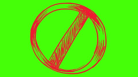 Animation of the prohibitory sign in the doodle style on the green screen. A symbol of illegal action, boycott, harmfulness to health. 4k stock video with a crossed out red circle.