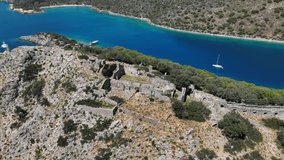 Saint Nicholas Church in the Gemiler Island Drone Video, Aegean Sea Fethiye, Mugla Turkey