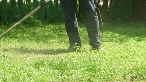 Man mows the grass with hand electric lawn mower in the garden. Mowing the grass with mower. Garden work concept background. Grass cut with lawn mower