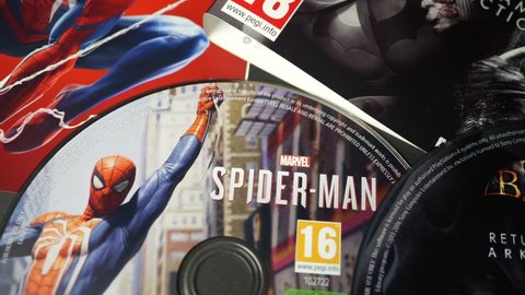 Rome, Italy - 02 October 2021, dvd detail of Marvel's Spider-Man dynamic adventure video game developed by Insomniac Games distributed by Sony Interactive Entertainment exclusively for PlayStation 4.