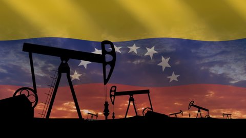 Venezuela. World's largest oil reserves by country. Crude oil production. Oil Pumps silhouettes on sunset and flag of Venezuela background. Oil import and export concept. 3d render.