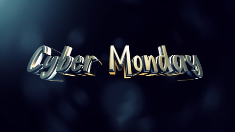 Cyber Monday 3D Cinematic Title Trailer animation opening intro text message. 4K 3D illustration Cyber Monday golden text with gold glitter bokeh effect title intro background concept