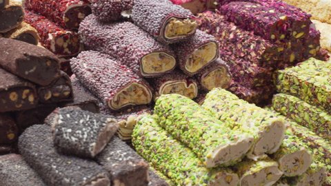 Wide range of Turkish delight (lokum) at the Grand Bazaar in Istanbul, Turkey. The historical market is a popular tourist destination and one of oldest covered markets in the world.
