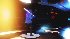 An african american gamer in virtual reality headset with glowing sword in the cyber space of the virtual world metaverse plays a video game, by breaking 3D cubes that are move to him.