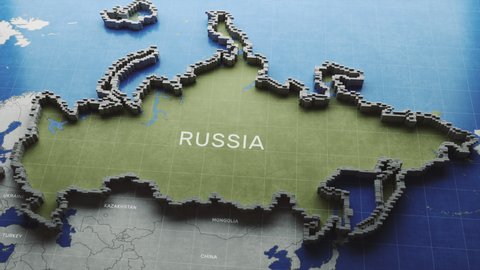 3D render of a map of Russia and an iron fence that separates the Russian Federation from other countries, symbolizing the economic and political blockade. The concept of the iron curtain.