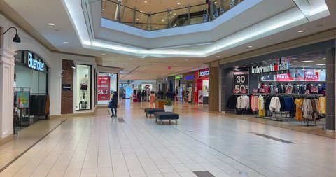 Toronto, Canada - April 29, 2022: Point of view inside of the Scarborough Town Center, a famous shopping mall in the city